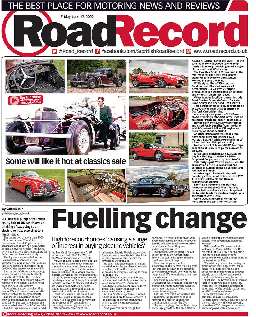 A super-hot Roadie tomorrow features a Tony Curtis motor up for grabs with <a href="/handhclassics/">H&H Classics</a> the latest thinking on EVs, a <a href="/CUPRA/">CUPRA</a> Born review, travel advice over irksome passengers from <a href="/stressfreecar/">Stressfreecarrental.com</a> and the <a href="/OfficialBSB/">Bennetts British Superbike Championship</a> at <a href="/krcircuit/">Knockhill Circuit</a>. Enjoy it all in tomorrow's <a href="/Daily_Record/">The Daily Record</a>.