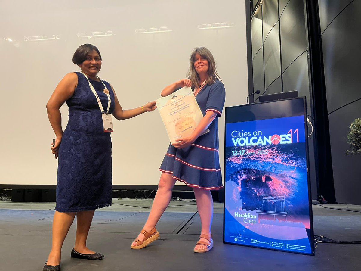 📣 Thrilled to share that we’ve just won the 2022 Volcanic Surveillance and Crisis Management Award for managing the La Soufrière Volcano crisis in #SVG. Thank you to <a href="/IAVCEI_official/">IAVCEI</a> and our peers for this global prestigious honour. #UWI <a href="/CoV11Crete/">Cities on Volcanoes 11</a> #iavcei #COV11crete