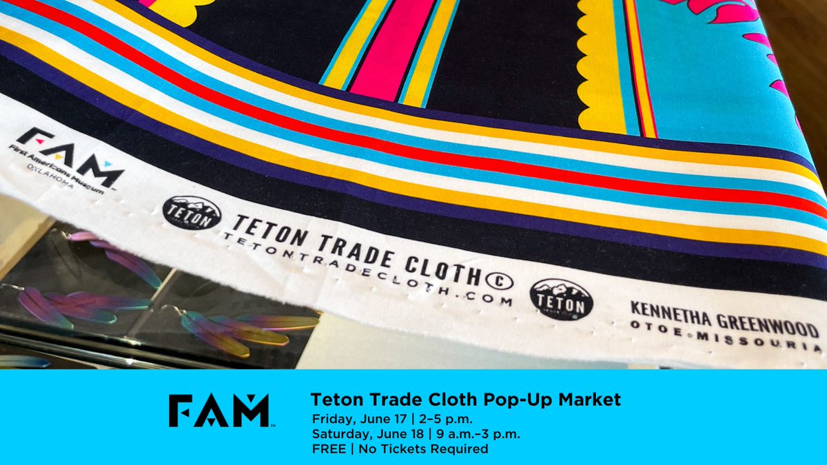 FAMokMuseum's tweet photo. Join us tomorrow from 2–5 p.m. in the FAM Xchange for the Teton Trade Cloth Pop-Up Market. This will be the very first opportunity to purchase a brand new fabric design by Kennetha Greenwood (Otoe-Missouria). Only at the FAMstore.
#ribbonskirts
#TetonTradeCloth
#FAMok
#FAMstore https://t.co/LBezEWq6vW