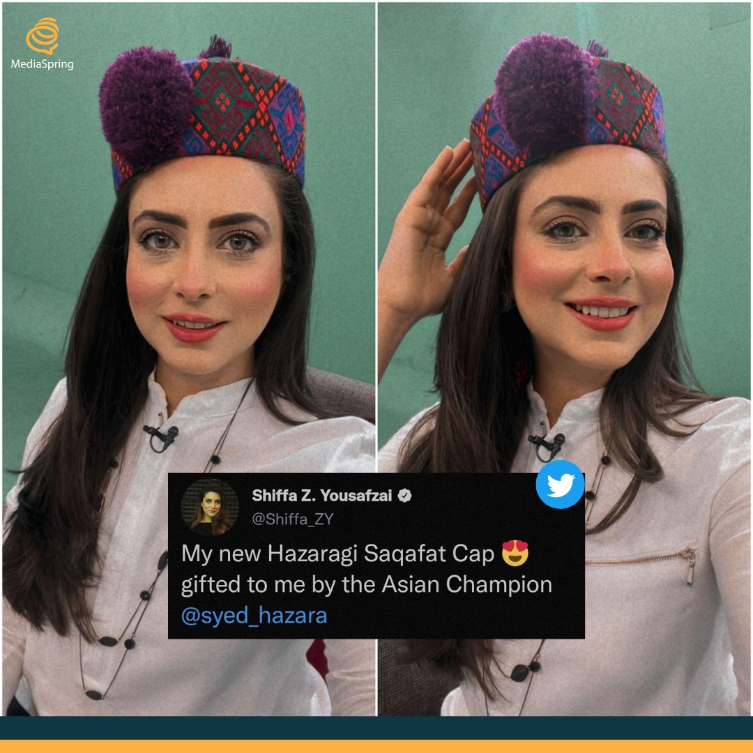 MediaSpringPk's tweet photo. That's a cute gift and @Shiffa_ZY looks super cute sporting this Hazargi Saqafat Cap 😍
#coloursofPakistan https://t.co/w1HRsbgY8s