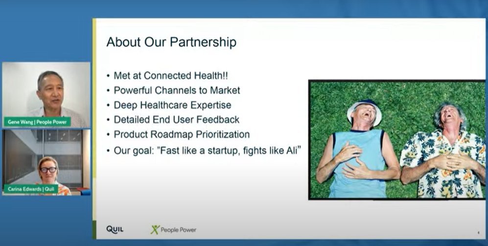 Tuning into an amazing keynote from @PeoplePowerCo and @QuilHealth! So great to hear that this dynamic duo met at @CONN_Health_Smt. Excited to learn more from Gene Wang and Carina Edwards about connecting #seniors with #caregivers using #SmartTechnology! #CONNHealth22