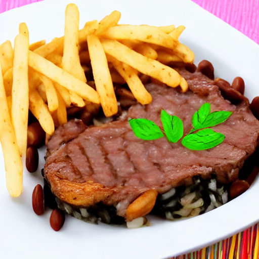 ilustraIA's tweet photo. pra encerrar o debate feijao por cima ou por baixo: 

pedi pra IA um prato de arroz, feijao, bife e batata frita e ele deu a letra:
faça uma maçaroca com o arroz e o feijão e coloque por baixo da carne https://t.co/DeIsiT5K6z