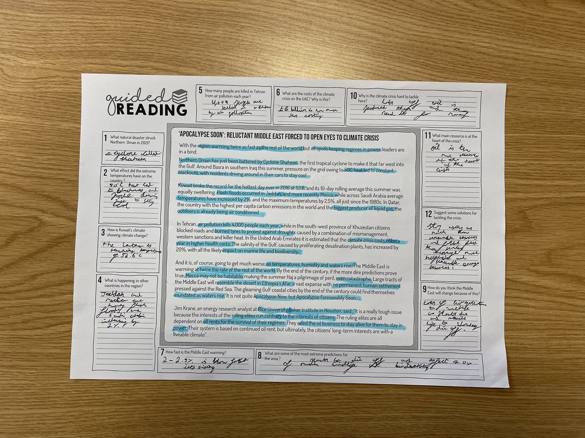 Some excellent guided reading based on a news article in the @guardian (see article below) completed by Year 8’s today on the implications of climate change in the Middle East! Lots of links to our SOW’s on Weather & Climate, Energy, Climate Change & Cities! #geographyteacher 🌍