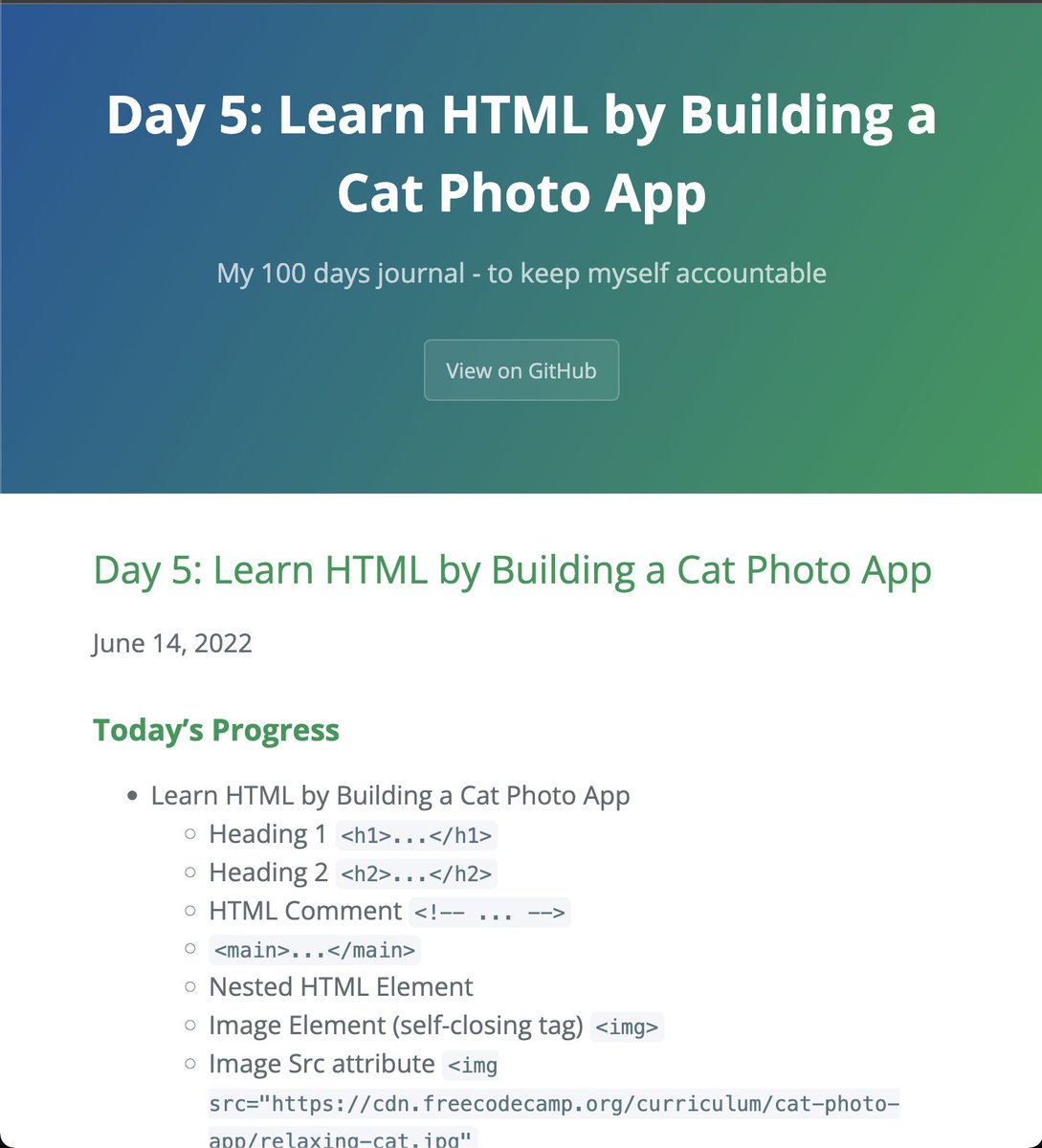 willforcoding's tweet photo. Day 5 - Learn HTML by Building a Cat Photo App
Restarting to learn using project based learning

Finished @freeCodeCamp Learn HTML by Building a Cat Photo App
- More details... ➡️  https://t.co/yXAQUpPdH6

#100DaysOfCode https://t.co/qF3TYZ92Mb
