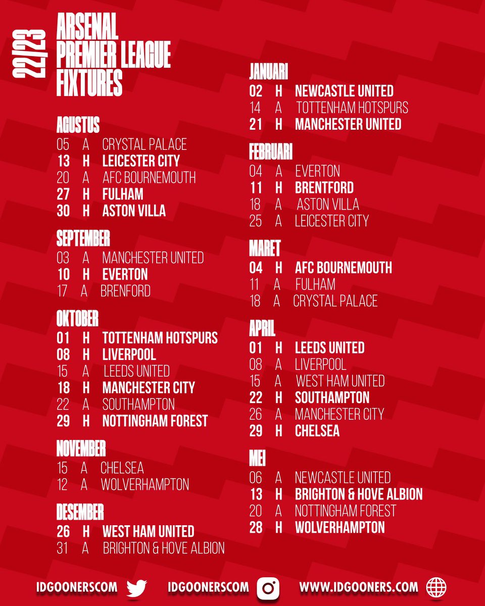 IDGoonerscom's tweet photo. Jadwal Arsenal untuk musim depan. 

Bulan Oktober bikin banyak2 doa. Come on you Gunners! @Arsenal. https://t.co/u9mu4SiaEa