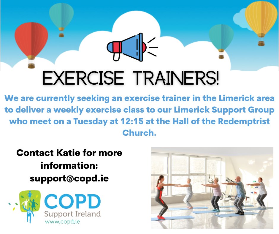 COPD Support Ireland (@copdsupportire) on Twitter photo We are currently seeking an exercise trainer for our Limerick Support Group! Contact support@copd.ie for more information. We are currently seeking an exercise trainer for our Limerick Support Group! Contact support@copd.ie for more information.