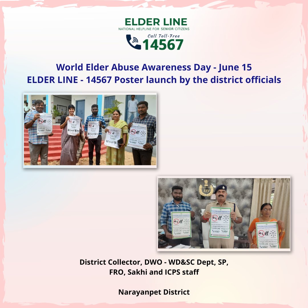 TS_Elderline's tweet photo. Across #Telangana, on #WorldElderAbuseAwarenessDay all District Collectors, SP/CPs, RDOs, DWOs &amp; other district officials raised awareness about Elder Abuse &amp; Elder Line 14567.
#StopElderAbuse
#SpreadLove
#NationalHelplineForSeniorCitizens
#ElderLine14567
#avoiceforseniorcitizens https://t.co/DoJGcnZMla
