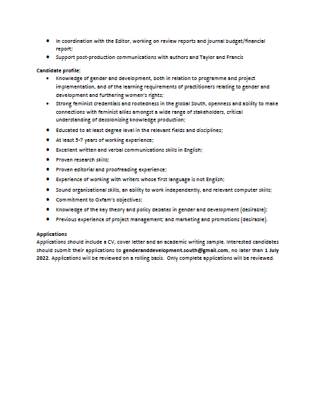 🚨 #JobAlert 
The Gender & Development Journal is hiring an Assistant Editor! Deadline is 1st July 2022 but applications will be processed on a rolling basis so do apply early. This is ideally an India based position. More details below #feministjobs