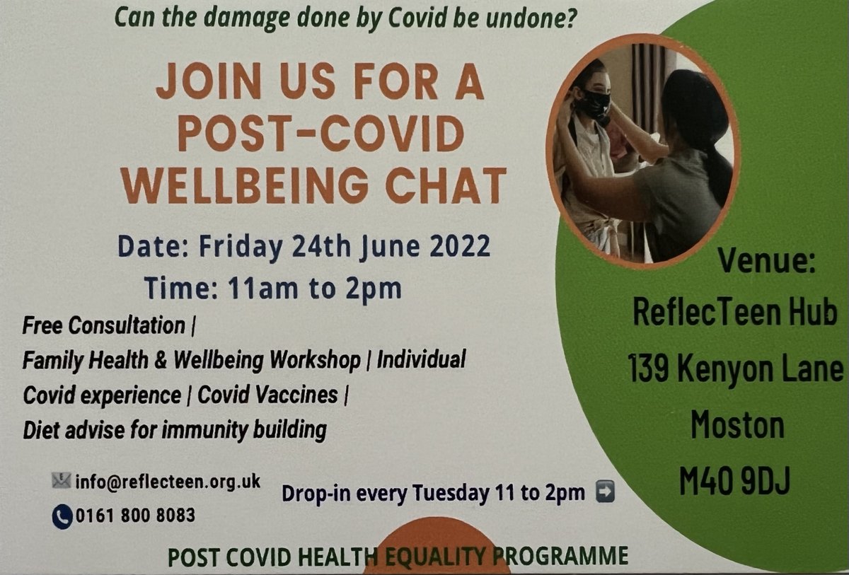 ReflecTeen Hub have asked us to share the information about their 'Post-Covid Wellbeing Chat' taking place on Friday 24th June. This is a local centre helping people who have been affected by Covid-19.