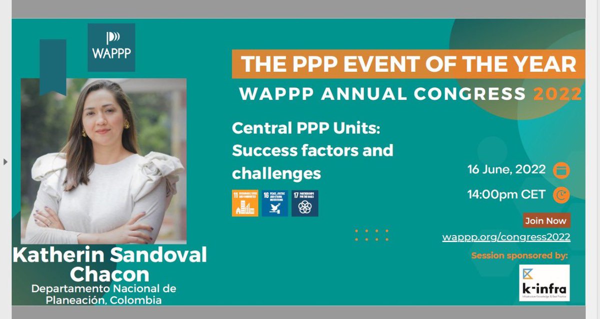 DNP_Colombia's tweet photo. En Colombia contamos con Unidades de APP de carácter central y transversal. Desde el #DNP nos encargamos de definir políticas, revisar y aprobar proyectos, y liderar los procesos de capacitación a diferentes niveles del gobierno: @Katherin_Sand en #WAPPP Annual Congress 2022. https://t.co/A3WQhPWjNI