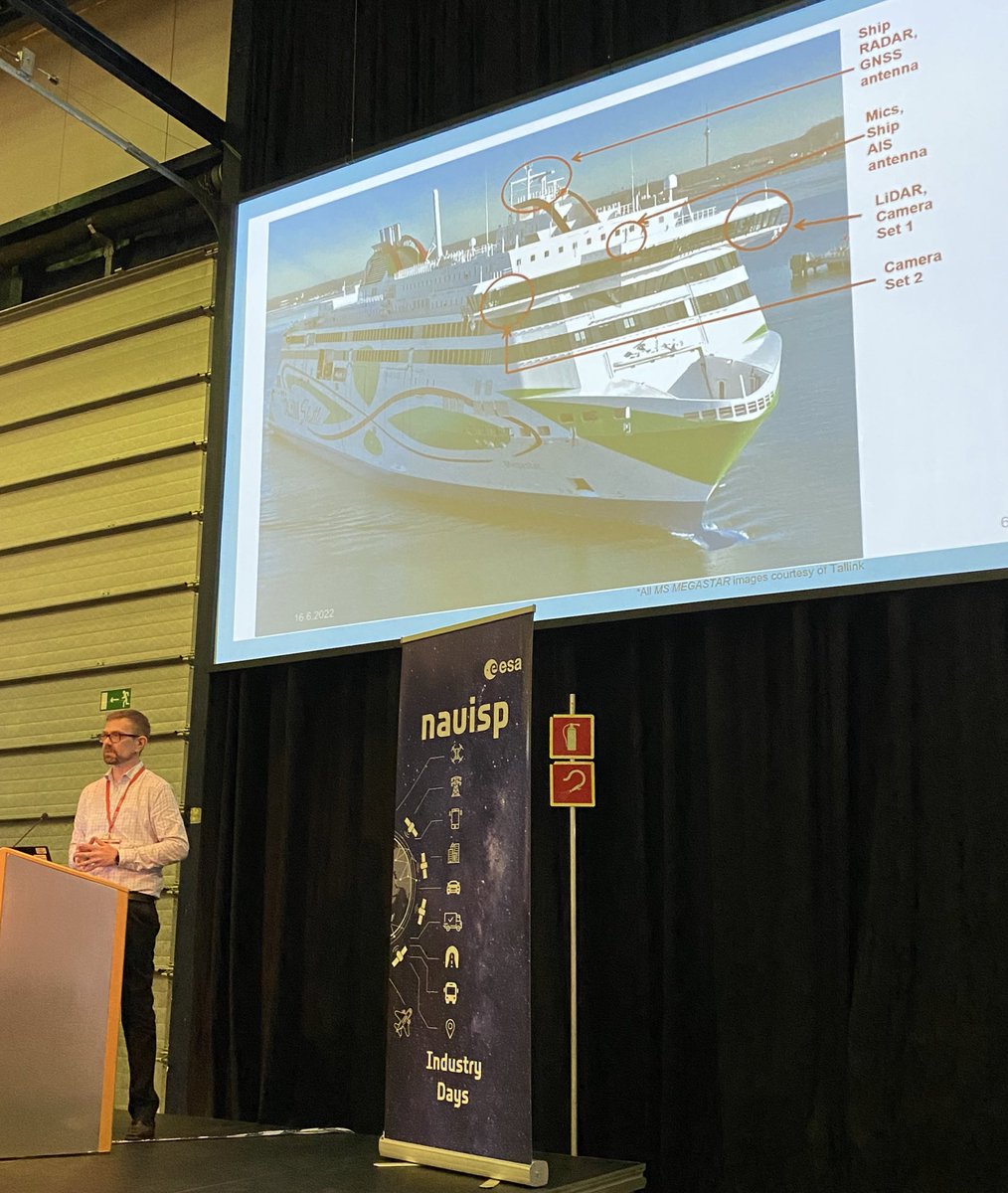 The Finnish Geospatial Research Institute’s (<a href="/fgi_nls/">FGI, NLS</a>) research group manager Tuomo Malkamäki presenting #AI/#ML #sensorfusion for #autonomous #vessel #navigation (maritimeai.org ) at the <a href="/esa/">European Space Agency</a> #NAVISP Industry Days 2022 💡🛳🛰