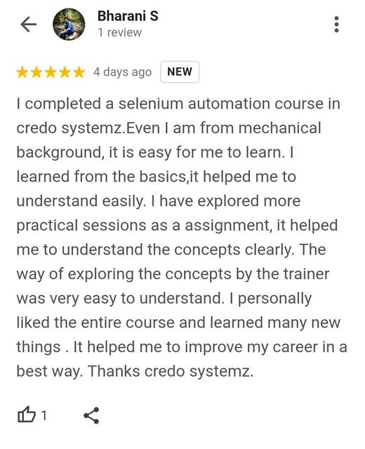 credosystemz's tweet photo. Mr. Bharani, one of our trainees, has successfully completed his Selenium automation course program and we are happy to share his feedback.
For More Info about Course: +91 9884412301 | 9600112302
#automationtesting #seleniumtesting #testingtool #testingtraining https://t.co/LGK0NnHuTi