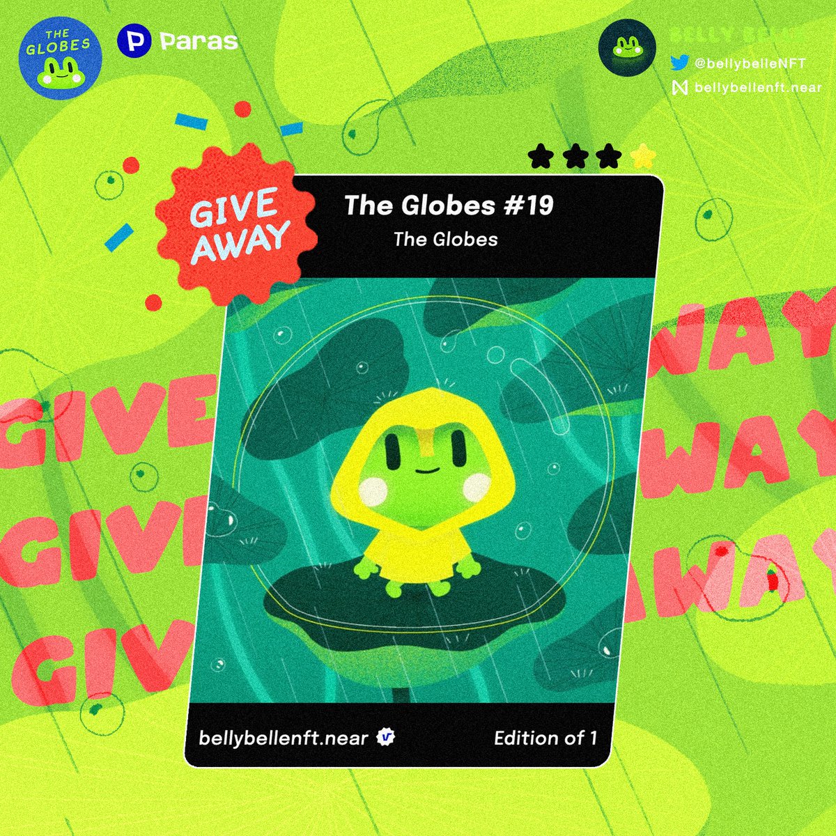 🎉The Globes Giveaway🎉 #NFTGiveaway 
The Globes #19 on Paras
1 Winner | 72 Hours | 19 Jun

To Enter:
1. Follow @bellybellenft
2. RT/Like &amp; Tag 2 friends
3. Join Discord discord.gg/MzXNgy8J9d
and press 🎉 in #🎉giveaways channel.
Winner will be announced in 72 Hours in Discord.