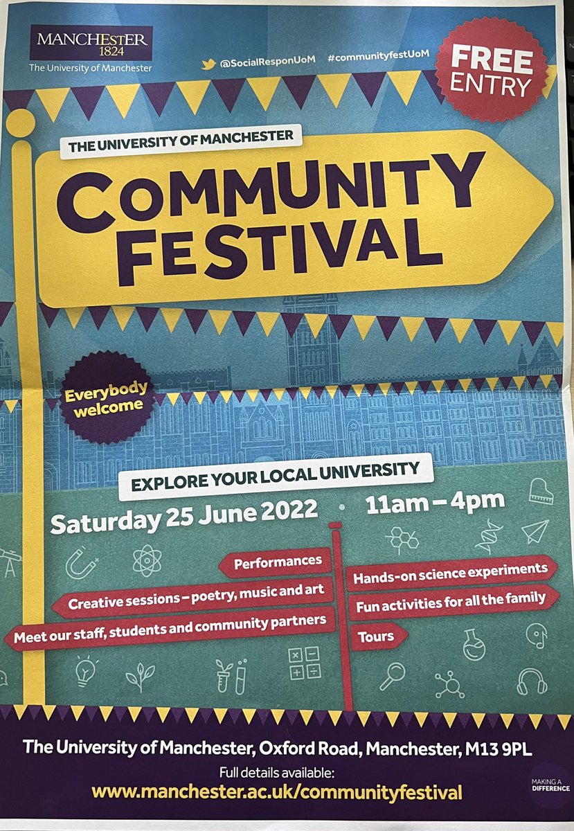 The @OfficialUoM are hosting a Community Festival this Saturday 25th June from 11am - 4pm. There will be lots of fun activities all the family can take part in and best of all entry is free. 🐝