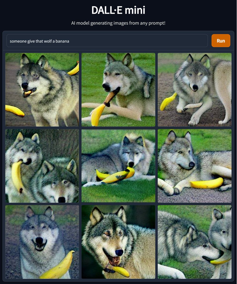 Havran228's tweet photo. @Subwoolferband Hello Jim &amp; Keith! We earthlings enjoy your music very much. Please accept these pictures as a thank you. We used our state-of-the-art AI to generate a few happy wolfs being given a banana! All the best, people of Earth! https://t.co/LMqN1pt2bM