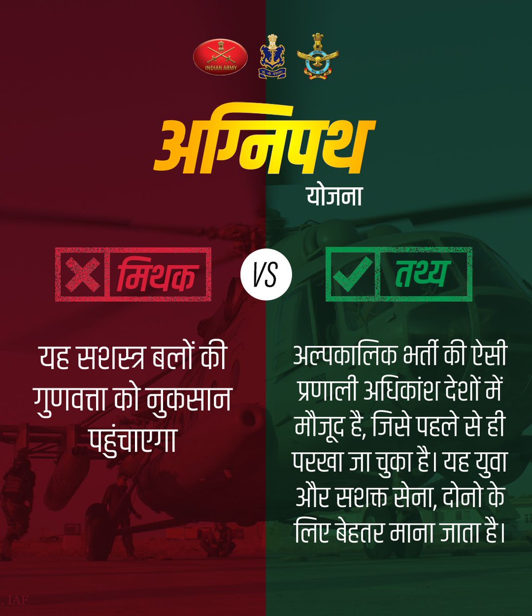 MyGovHindi's tweet photo. अग्निपथ योजना से संबंधित फैलाई जा रही झूठी जानकारी के झांसे में न आएं। अफवाहों से बचें। #MyGovMythBusters #BharatKeAgniveer https://t.co/UiZ8t73txn