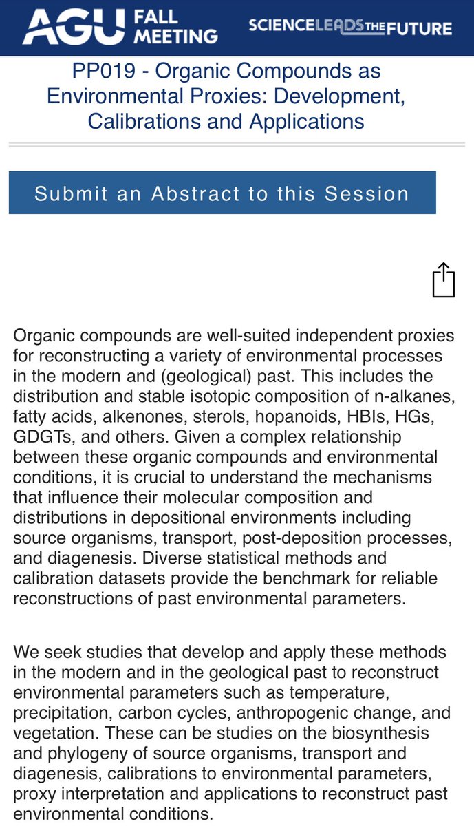 Are you an organic geochemist attending <a href="/theAGU/">AGU (American Geophysical Union)</a> 2022 this year? Consider submitting your abstract to our session: 

PP019 Organic Compounds as Environmental Proxies: Development, Calibrations and Applications  

 agu.confex.com/agu/fm22/preli…