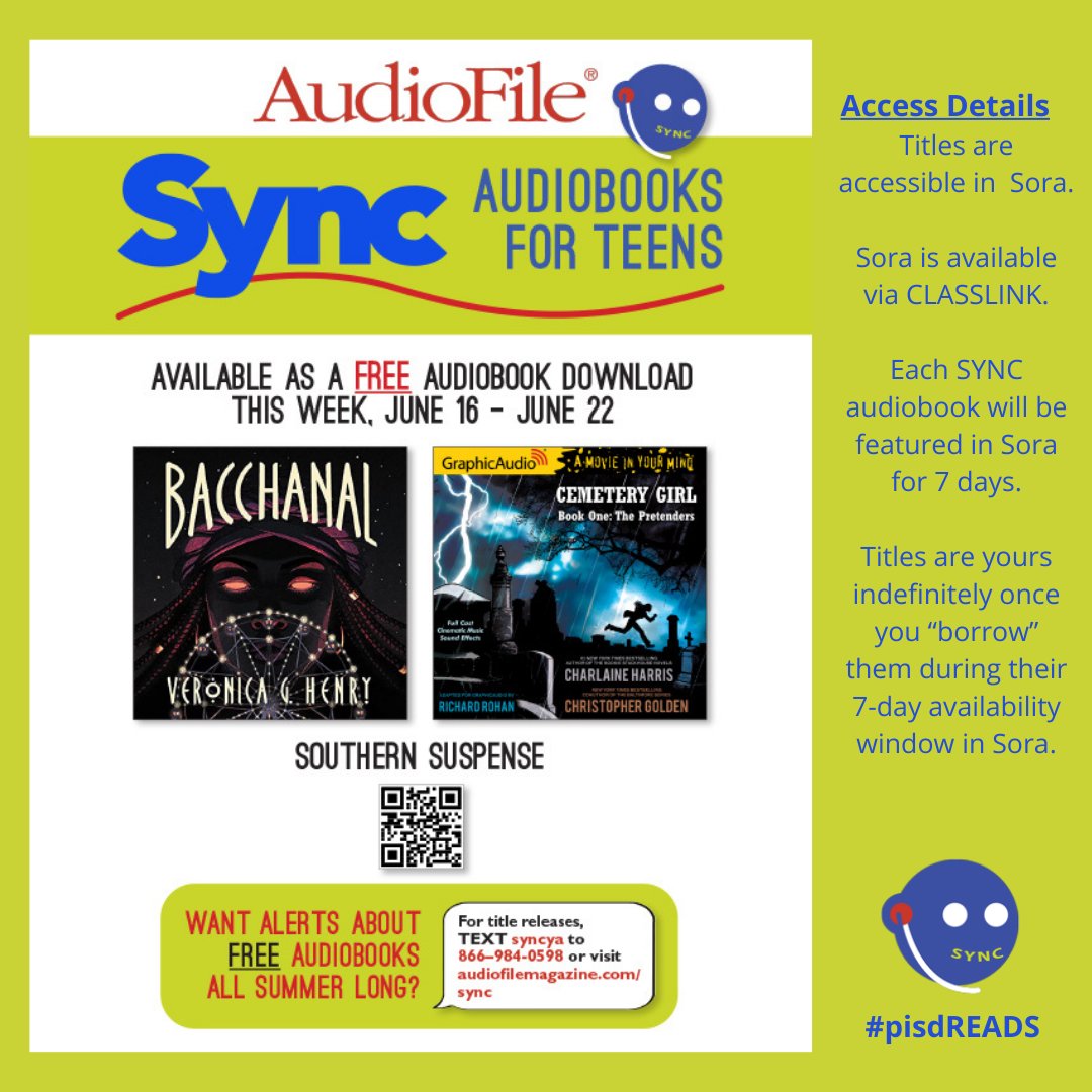 mavlibrary's tweet photo. Week 8 of #audiobookSYNC2022: Southern Suspense
Get these 2 amazing audiobooks via SORA (access through ClassLink) for FREE by next Wednesday, June 22!
#mavlibrary #mavsREAD #pisdREADS #syncYA https://t.co/F1ZDJT7NpS