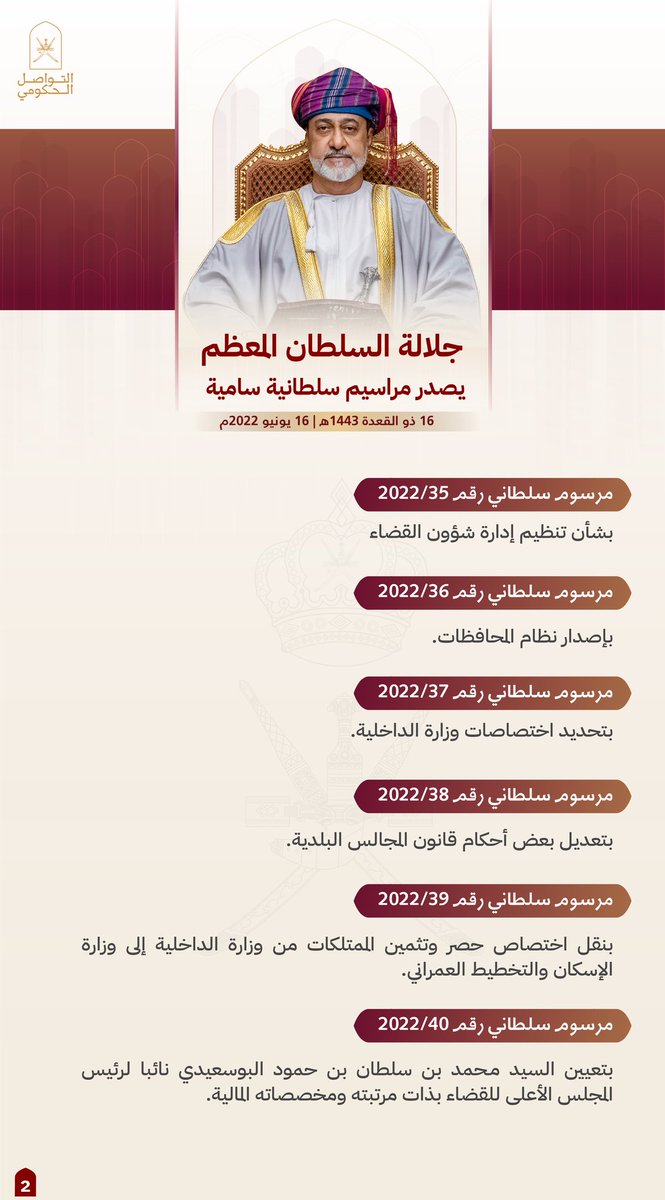 جلالة السلطان هيثم بن طارق المعظم -حفظه الله ورعاه- يصدر مراسيم سلطانية سامية بشأن:
- إعادة تشكيل مجلس الوزراء
- تنظيم إدارة شؤون القضاء
- إصدار نظام المحافظات
- تحديد اختصاصات وزارة الداخلية
- تعديل بعض أحكام قانون المجالس البلدية

#التواصل_الحكومي