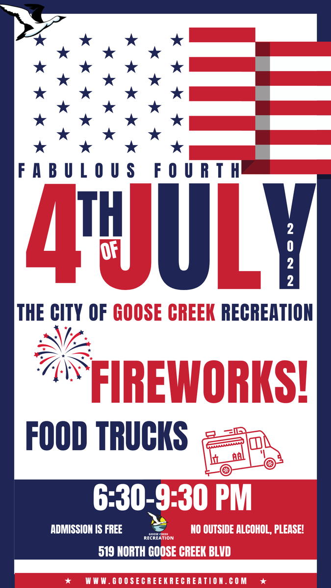 GooseCreekSC's tweet photo. We've had some great #FourthofJuly celebrations over the years &amp; 2022 will be the best yet! Fabulous Fourth in the Creek takes place Monday, July 4 here at the Municipal Center with live music, food vendors, free kids' activities, and an AWESOME fireworks show!#creekrising https://t.co/Vi5LqRtKca