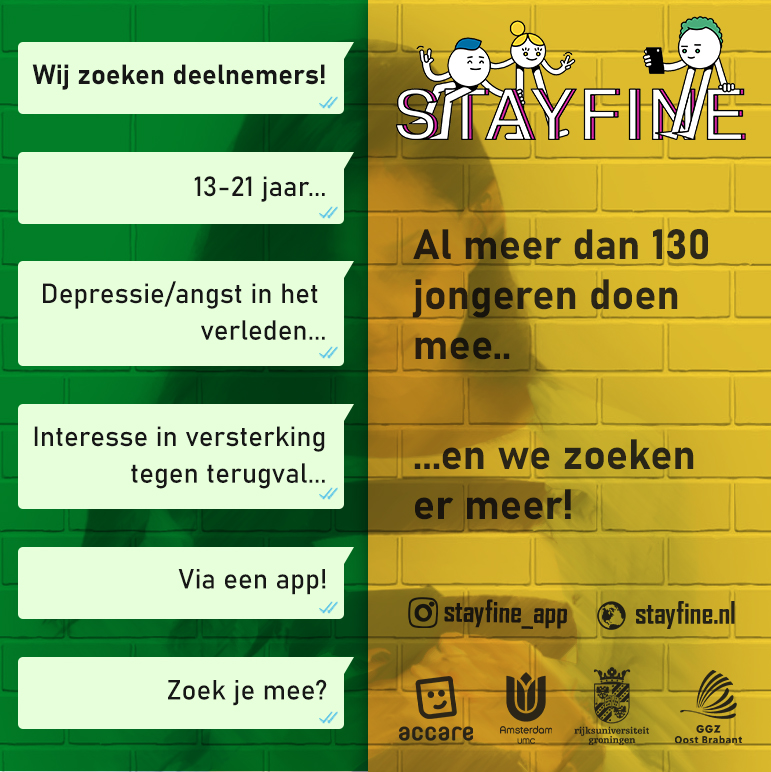 StayFine_app's tweet photo. Het StayFine onderzoeksteam heeft een app ontwikkeld om jongeren sterker te maken tegen terugval van angst of depressie. Ken jij iemand van 13 t/m 21 jaar die in het verleden angst of depressie heeft gehad en die dit niet opnieuw wil meemaken? Kijk op https://t.co/LRJncglm3r https://t.co/3YcwPaYfI5
