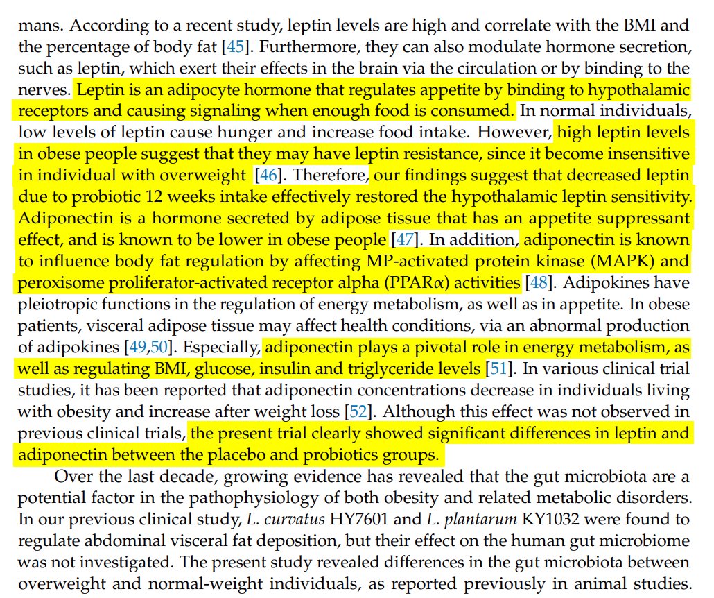 JBianco215's tweet photo. 🦠Probiotics Lactobacillus curvatus HY7601 and Lactobacillus plantarum KY1032 for 12 weeks reduced body weight, visceral fat mass, and waist size, increased adiponectin (which enhances insulin sensitivity), and balanced leptin, in overweight people compared to placebo. https://t.co/y1mIwy6shH