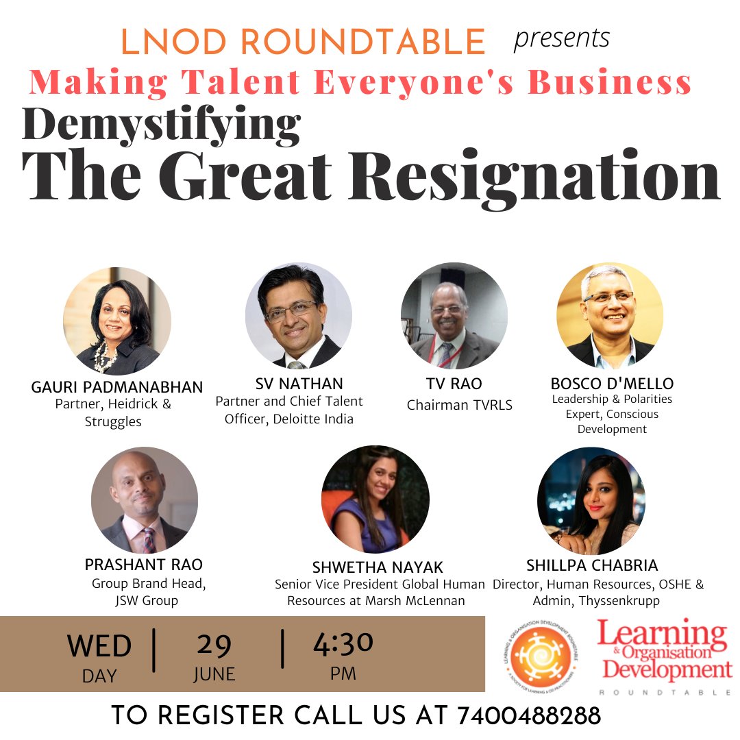 The LNOD Roundtable's next powerful Masterclass  Making Talent Everyone’s Business!- Demystifying the Great Resignation- on 29 June from 4.30-6 pm. Presenting 7 outstanding Speakers in our popular 7 Speakers/ 77 Minutes format! 
…tyandinclusionoutlook.questionpro.com/t/APJ7tZs4Dd