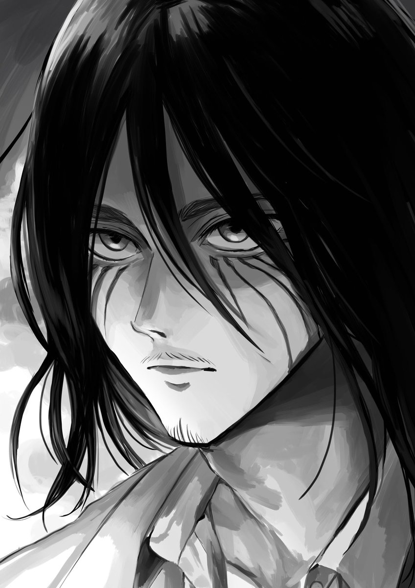 eren yeager greyscale monochrome male focus 1boy solo facial hair hair between eyes  illustration images