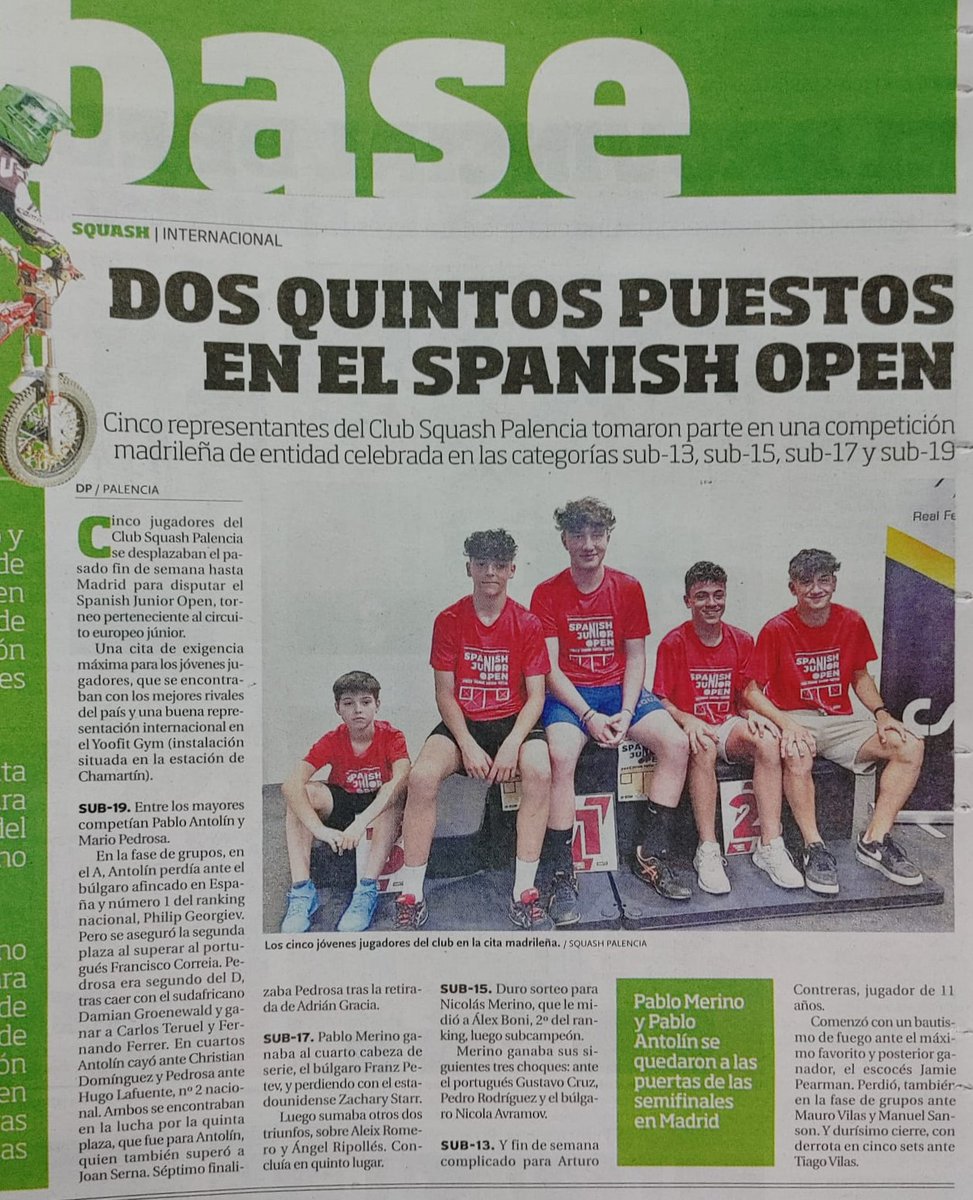 JGordonJackson's tweet photo. La buena actuación de los jóvenes jugadores de @SquashPalencia  en el Spanish Junior Open recogida en el @DiarioPalentino hoy.
The great performance of the young players of @SquashPalencia  at the Spanish Junior Open featuring in the @DiarioPalentino today. https://t.co/QNZg4Y9oWq