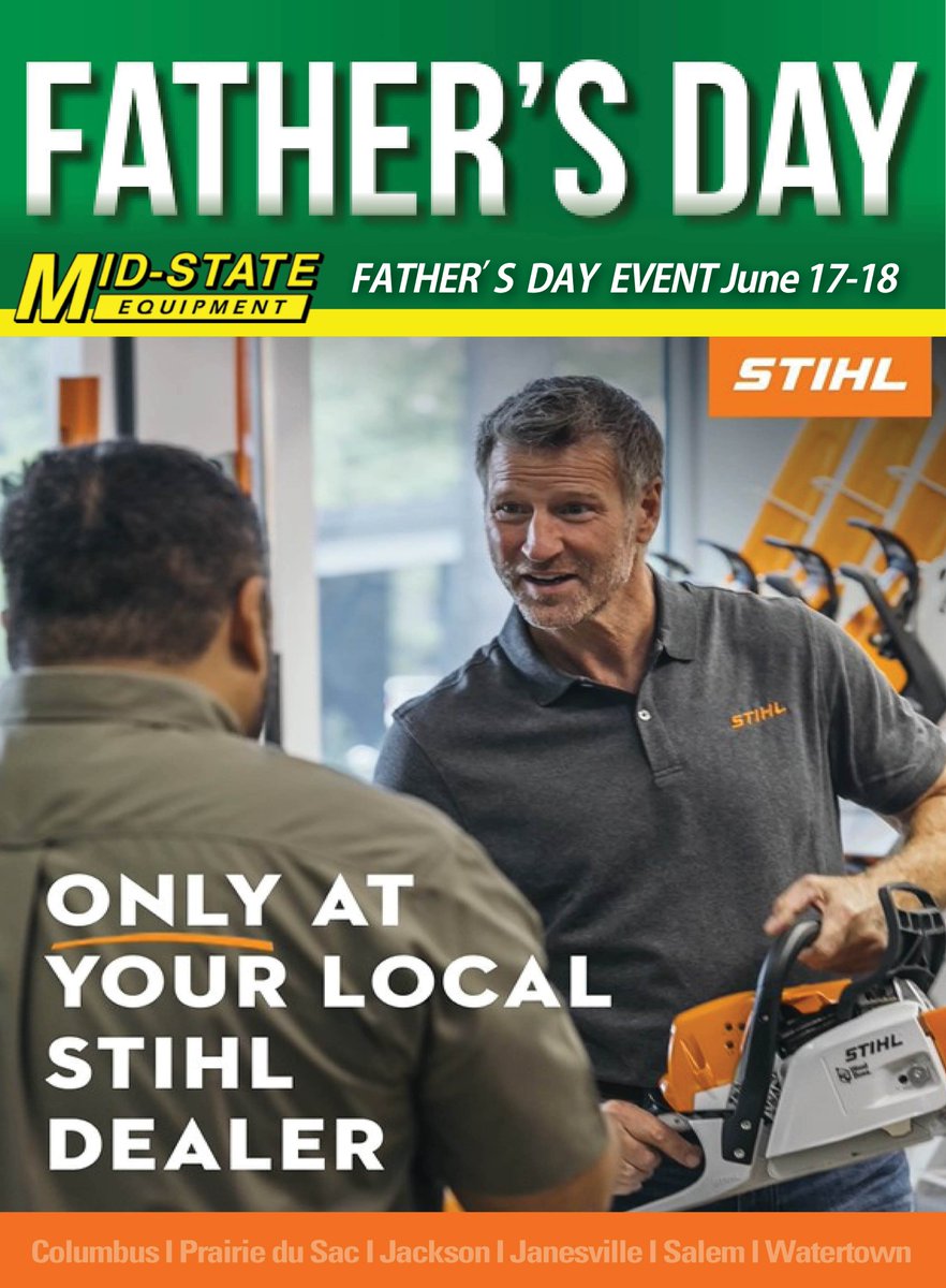 MidStateEquip's tweet image. Father’s Day is right around the corner! On Sunday, June 19, thankfully, @MidStateEquip has a wide array of gifts for Father&apos;s Day. See more at the Father&apos;s Day Man of @Stihl Celebration June 17-18. tinyurl.com/2p9evpc5