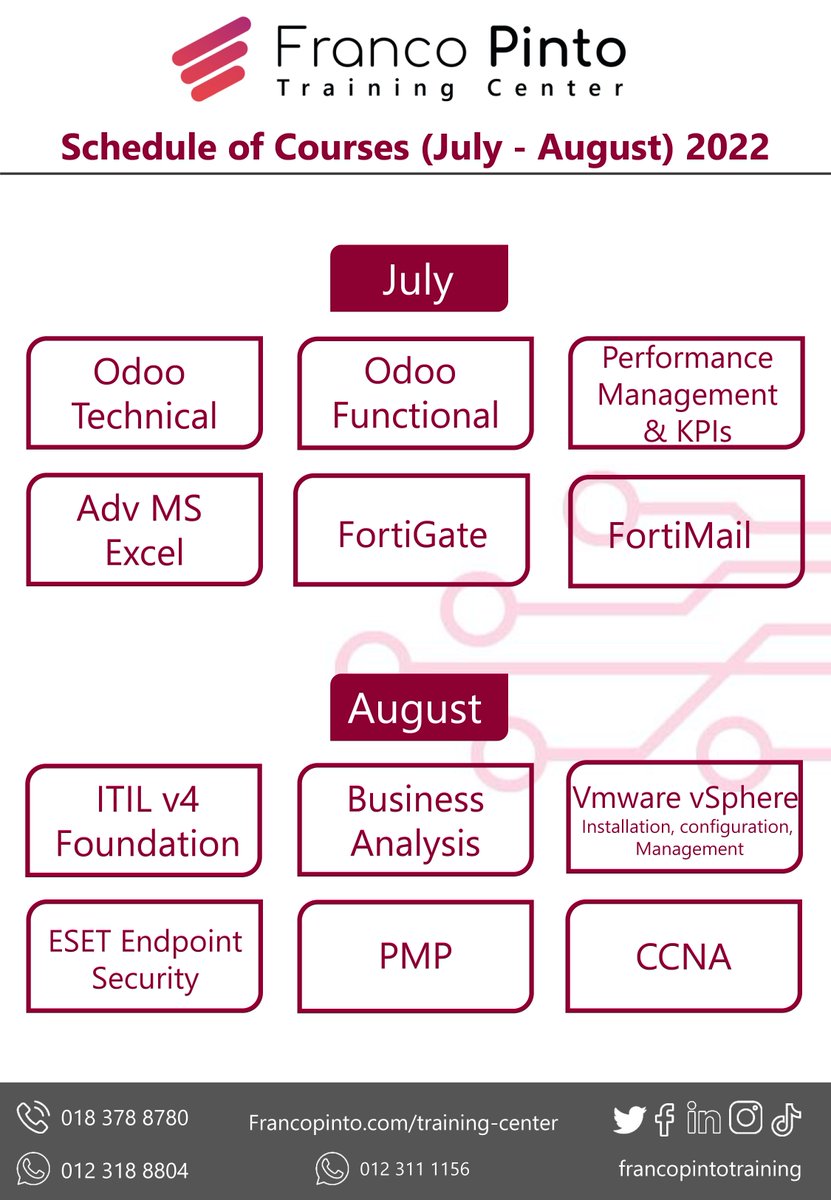 PintoTraining's tweet image. Schedule of courses for months (July - August) 2022

For more information and registration please contact us via:
Mob: 0123188809
WhatsApp: 0123188809

#odoo_technical #ODOO_Functional #KPIs #fortigate #FortiMail #itil4foundation  #vmwarevsphere #esetendpoint  #CCNA