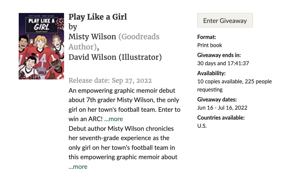 Hey! Look! A Goodreads giveaway for PLAY LIKE A GIRL! Enter to win a copy!
goodreads.com/giveaway/show/…

#playlikeagirl #graphicnovel #graphicmemoir #kidlit #booktwitter #mglit #middlegrade #books #football