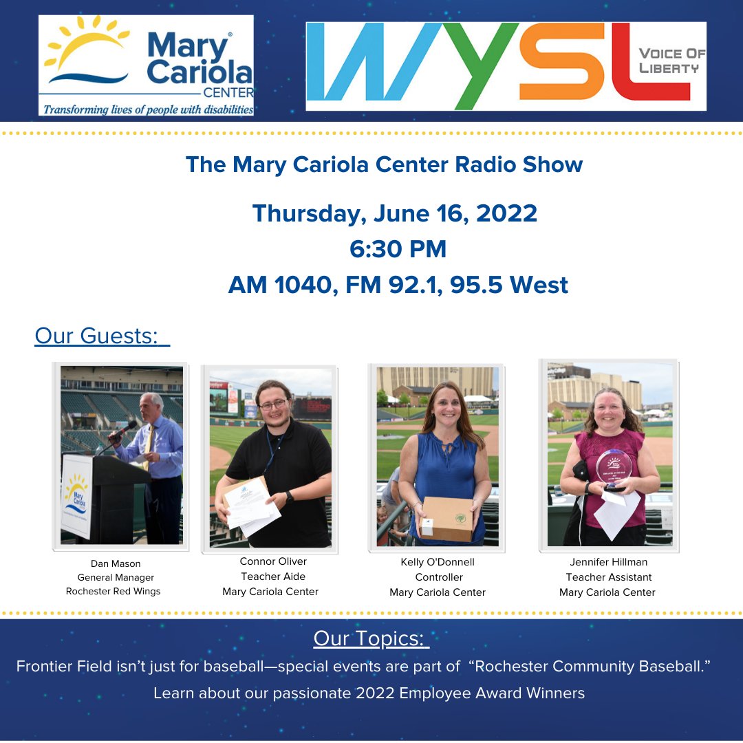 marycariola's tweet photo. DO NOT MISS THE MARY CARIOLA RADIO SHOW ON @WYSL1040 ! It's a good one featuring Dan Mason of the @rocredwings โพ๏ธ You'll meet some inspiring staff recently recognized at our 2022 Employee Award Event. Tonight! 6:30 PM -- #tuneinradio #staffrecognition #frontierfield https://t.co/sFVKgbdvXQ