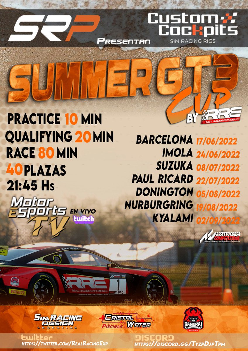 ¡Parrilla completa!

¡Empieza la #Summer #Cup y están todos los pilotos y equipos listos!

Gracias a <a href="/xbdracing/">XBD Racing Motorsport</a> <a href="/SRPracingteam/">SRP Racing Team</a> <a href="/Cheroki_PS/">@Cheroki_PS</a> <a href="/LynxRacingSpain/">Lynx Racing Spain Team</a> <a href="/kamikazeemotors/">KAMIKAZE eMotorSports</a> <a href="/OWLSeSports_/">OWLS eSports 🦉🇪🇦</a> <a href="/PenorAC/">Penor Competición</a> <a href="/NonStop_Racing/">Non Stop Racing</a> y muchos más!

Patrocinan <a href="/SRPsimracingpro/">SRP SimRacing-Pro.com</a> <a href="/customcockpits/">Custom Cockpits</a> @Innatosr