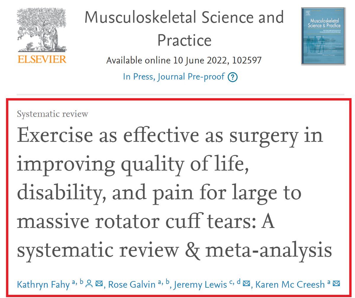 Professor Jeremy Lewis PhD FCSP (@jeremylewispt) on Twitter photo ‼️📢 Just published
Exercise or surgery for large to massive rotator cuff tendon tears? SR & MA
🌟<a href="/kathrynfahy4/">Kathryn Fahy, PhD</a> 🌟
<a href="/galvin_rose/">Rose Galvin</a>
<a href="/JeremyLewisPT/">Professor Jeremy Lewis PhD FCSP</a>
<a href="/McCreesh_Karen/">Karen McCreesh</a>
sciencedirect.com/science/articl… ‼️📢 Just published
Exercise or surgery for large to massive rotator cuff tendon tears? SR & MA
🌟<a href="/kathrynfahy4/">Kathryn Fahy, PhD</a> 🌟
<a href="/galvin_rose/">Rose Galvin</a>
<a href="/JeremyLewisPT/">Professor Jeremy Lewis PhD FCSP</a>
<a href="/McCreesh_Karen/">Karen McCreesh</a>
sciencedirect.com/science/articl…