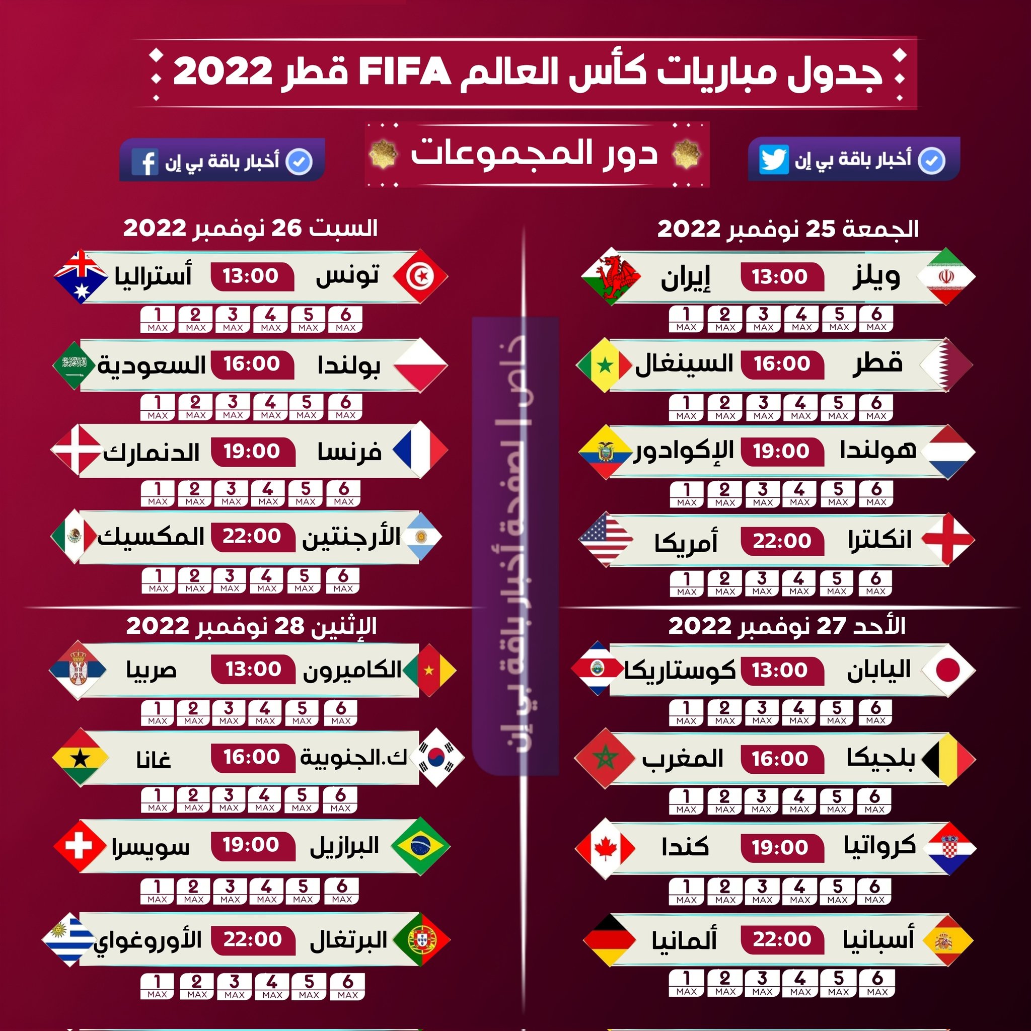 أخبار باقة بي أن on Twitter: "جدول مباريات كأس العالم FIFA قطر 2022 خاص  لصفحة أخبار باقة بي إن بالجودة عالية https://t.co/9AZBPZsUAS" / Twitter