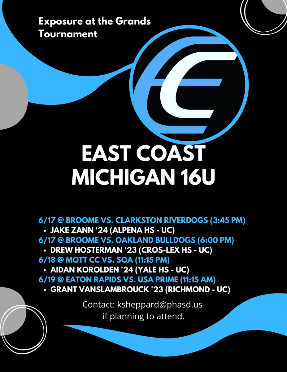 East Coast Michigan ⚾️ (@ecmbaseball) on Twitter photo Here’s our schedule and rotations for our 3 teams playing in the <a href="/ExposedatGrands/">Exposure at the Grands</a> event this weekend. We are excited to begin our summer! Here’s our schedule and rotations for our 3 teams playing in the <a href="/ExposedatGrands/">Exposure at the Grands</a> event this weekend. We are excited to begin our summer!