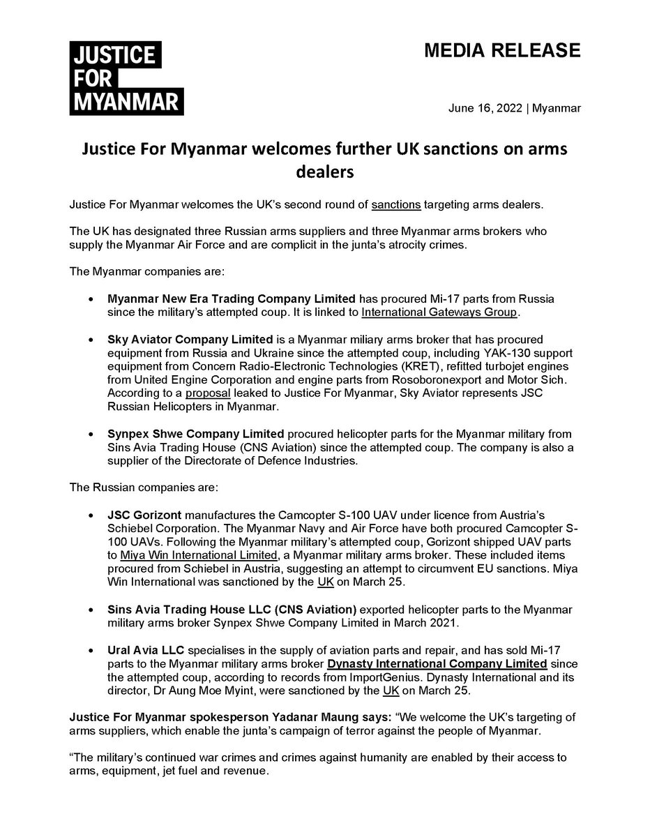 JusticeMyanmar's tweet photo. Press Release 📣 Justice For Myanmar welcomes further UK sanctions on arms dealers. UK has designated 3 Russian &amp; 3 Myanmar arms suppliers. The military’s supply chains must be systematically targeted with sanctions to stop their international crimes! 👉🏽https://t.co/LqjelvvEbM https://t.co/6gpN6DeR3P