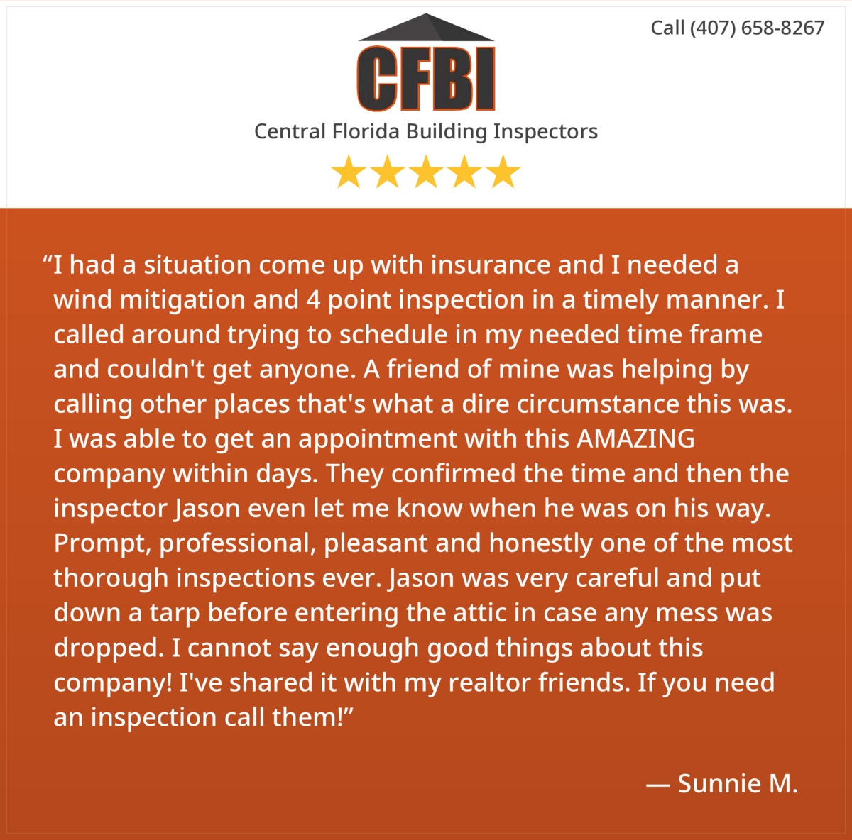 cfbinspect's tweet photo. Happy #ThankfulThursday! 🧡 Sunnie, we're so glad to hear that we were able to accommodate you in a timely manner. If #insurance is requiring a #4Point and #WindMitigation inspection to ensure coverage, call today! #CFBI #homeinspection #homeinspectors #homeinspectorfinds https://t.co/Xj03taN3Ey