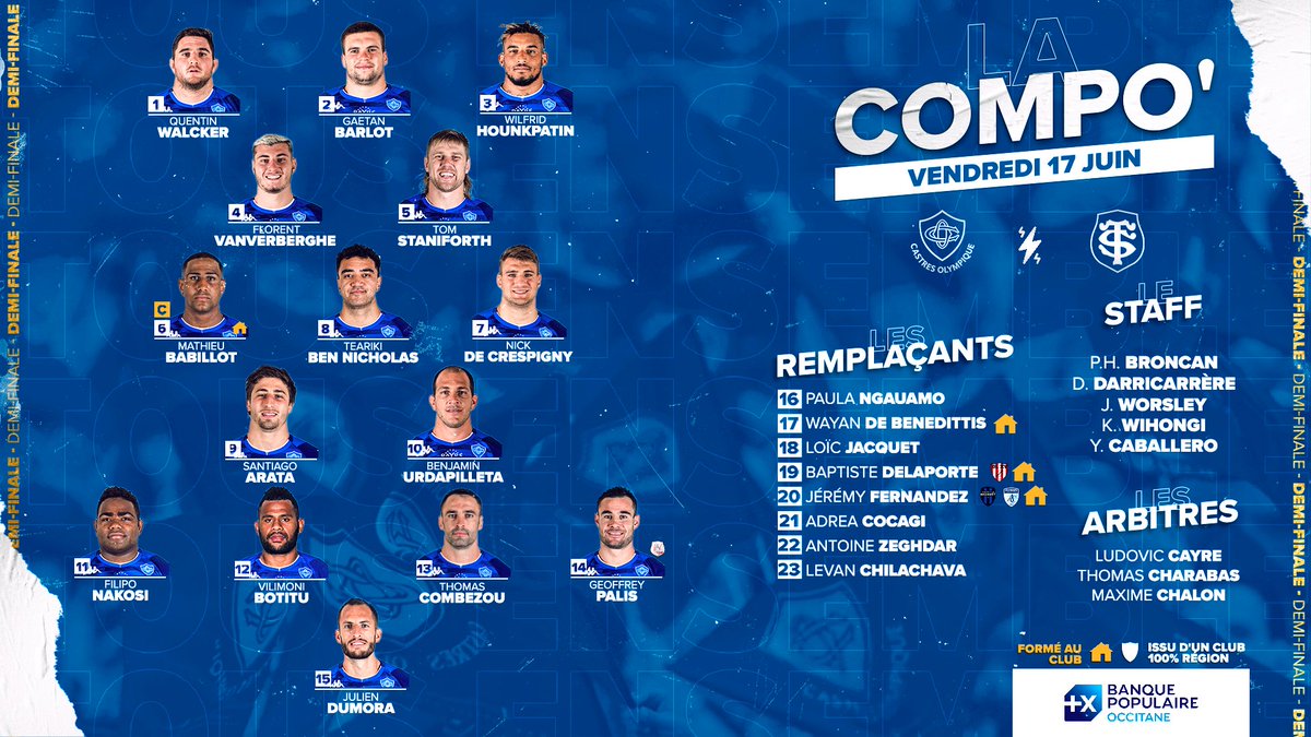 🗒️ 𝐋𝐀 𝐂𝐎𝐌𝐏𝐎' 𝐃𝐔 𝐂𝐎 !

La Banque Populaire Occitane vous présente la compo' du CO pour la demi-finale face au <a href="/StadeToulousain/">Stade Toulousain</a> à l'Allianz Riviera de Nice !

Coup d'envoi à 21h05 ! 𝐀𝐋𝐋𝐄𝐙 𝐂𝐎 ! 🔵⚪️

#TeamCO #COST #TousEnsemble