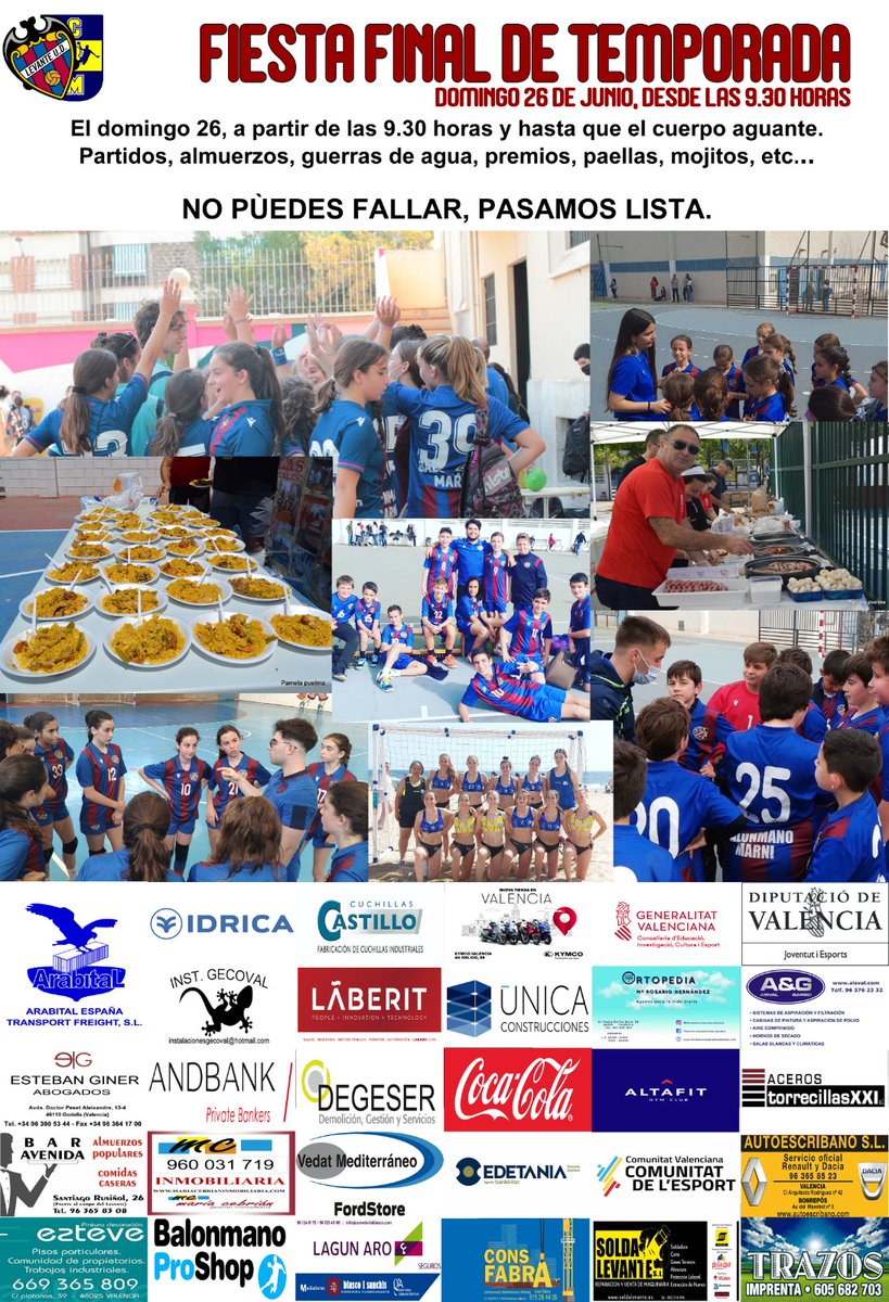 balonmanomarni's tweet photo. Gran Fiesta Fin de Temporada, domingo 26. Y tú, ¿te la vas a perder?¡No olvides apuntarte a la paella! ¡Diversión asegurada!
@LevanteUD @C_E_Marni @FDMValencia @FTA_CV @Fbmcv @comunitatesport @dipvalencia @IdricaHQ
@Nostresport @PolideportivoCV @yosoynoticia_ https://t.co/cgBqn7CVZ2