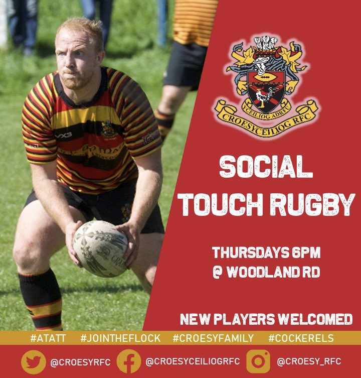 Although competitive rugby may be over, Croesyceiliog RFC have launched our Social Touch Rugby initiative.

These sessions run on Thursday evenings from 6pm and are open to new players of all abilities 🐓🏉🇧🇪🏉🐓 #ATATT #jointheflock #croesyfamily #cockerels #touchrugby