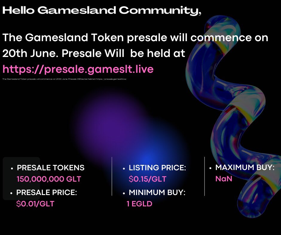 The GamesLand Token Presale will begin  on 20th June. Presale will be held at presale.gameslt.live

Set your reminder. 👀⚡️

Presale Details on the Graphics

#presale #Gameslandtoken #Egld #elrondcommunity #gaming #ElrondNetwork