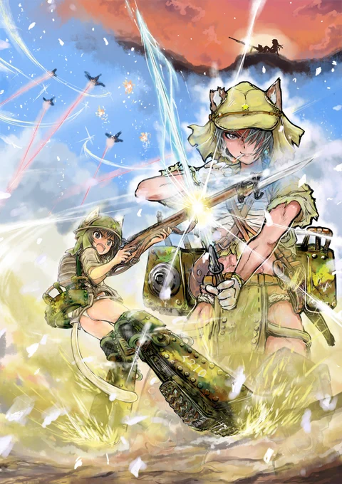 その反面凄まじい魔法力を持ち、戦場で鬼神がごとく暴れ狂い数々の武勲を立てた陸戦ウィッチの杉本(右の奴 )は。除隊後平和な世界の価値観が理解できなくなり途方に暮れたり、街で喧嘩に明け暮れたりで。ごく普通のサラリーマンと結婚して子供も出来てめたし!なわけだが。(イラスト 御城伸座氏) 