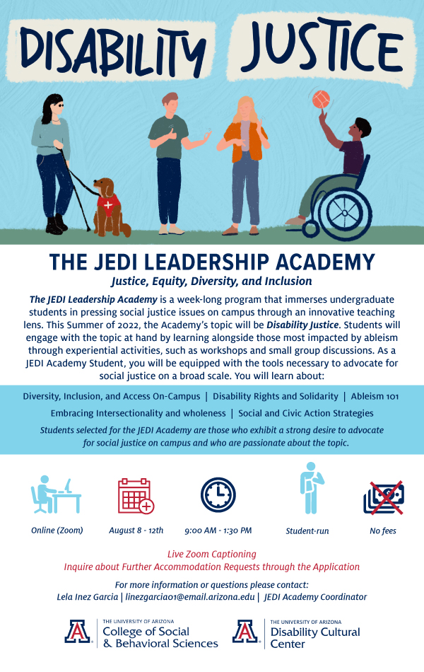 Current <a href="/UArizona/">University of Arizona</a> students - check out this opportunity to learn about Disability Justice through the JEDI Leadership Academy! 
<a href="/UArizonaSBS/">U of A College of SBS</a> <a href="/ArizonaDCC/">UA Disability Cultural Center</a> 
#WildcatWisdom