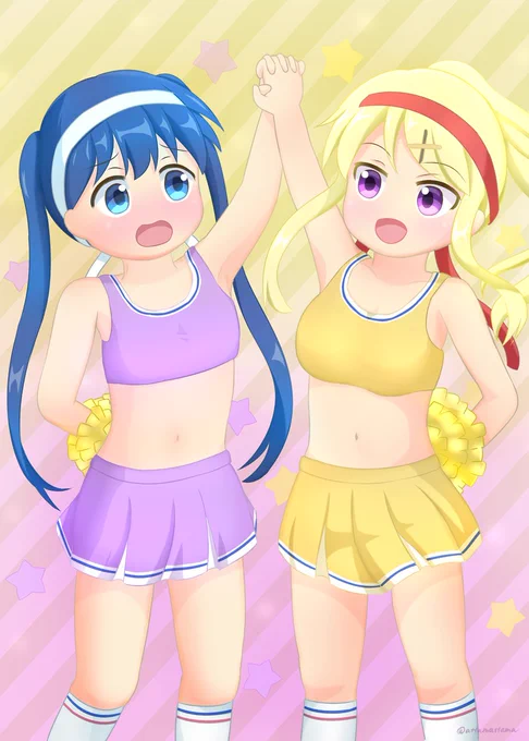 カレン「いっぱい応援するデス!」綾「こんな衣装はずかし～」(過去絵修正絵)#kinmosa #九条カレン #小路綾 