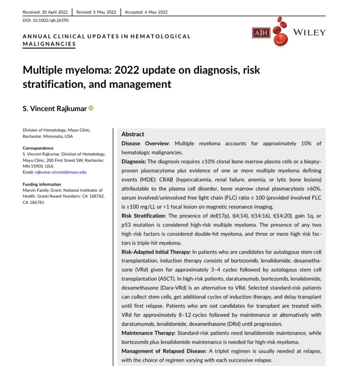 Vincent Rajkumar (@vincentrk) on Twitter photo As promised the 2022 update on diagnosis, risk stratification, and treatment of multiple myeloma article is now Open Access to read. Please see link below. #MedTwitter
<a href="/MayoMyeloma/">Mayo Myeloma</a> <a href="/MayoCancerCare/">Mayo Clinic Comprehensive Cancer Center</a>
onlinelibrary.wiley.com/doi/epdf/10.10… As promised the 2022 update on diagnosis, risk stratification, and treatment of multiple myeloma article is now Open Access to read. Please see link below. #MedTwitter
<a href="/MayoMyeloma/">Mayo Myeloma</a> <a href="/MayoCancerCare/">Mayo Clinic Comprehensive Cancer Center</a>
onlinelibrary.wiley.com/doi/epdf/10.10…