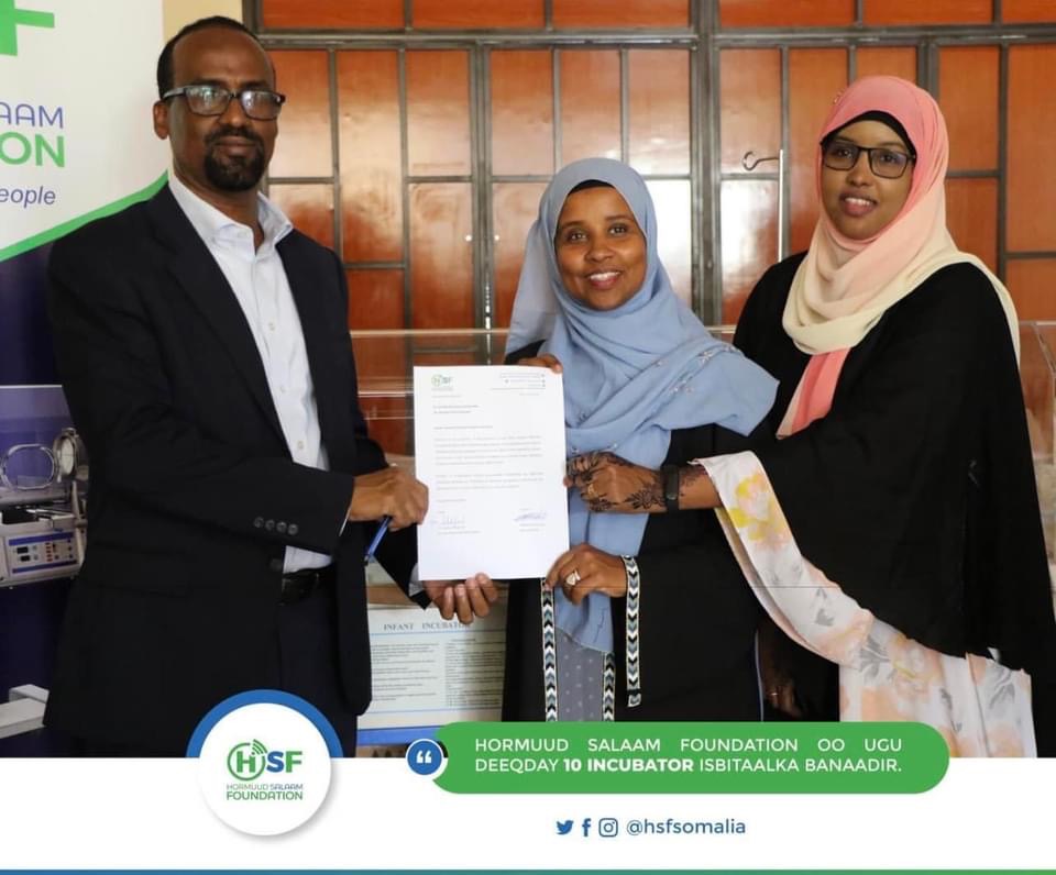 Hormuud's tweet photo. In Somalia, 12% of babies are born prematurely. To give them the best chance to thrive and grow, today @hsfsomalia donated 10 incubators to Banadir Hospital. This is part of their ongoing efforts to improve healthcare for mothers, children, and the Somali community at large. https://t.co/lD6obg04FH