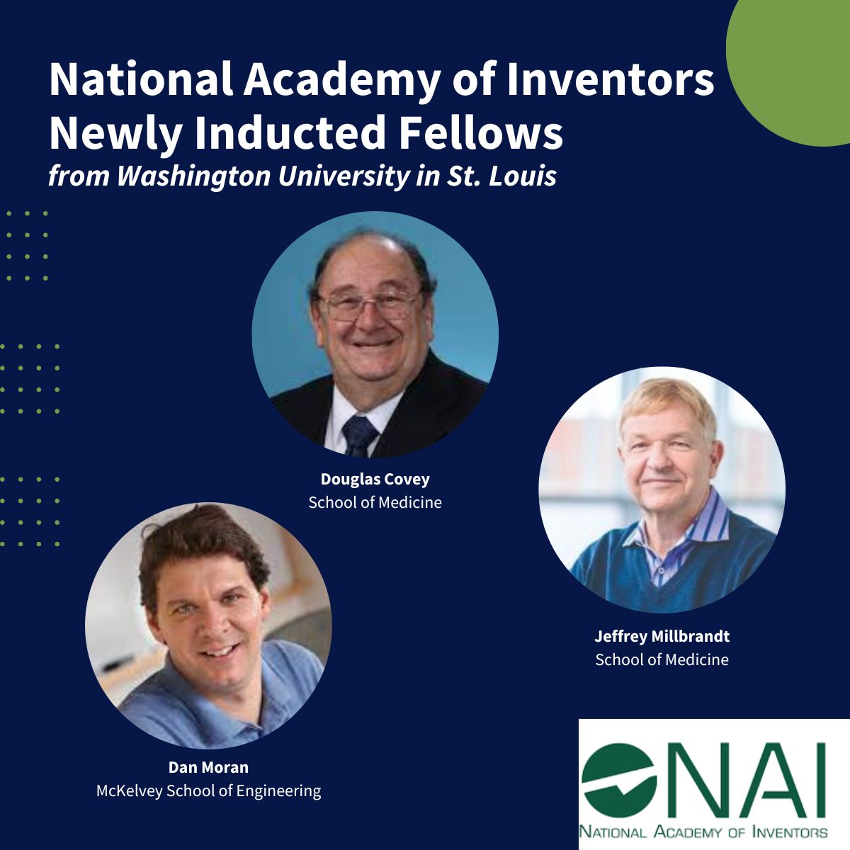 Congratulations to three professors from Washington University in St. Louis inducted as National Academy of Inventors Fellows!

NAI Fellow status is the highest professional distinction accorded solely to academic inventors.

#NAI2022 #DefineTomorrow #STLMade